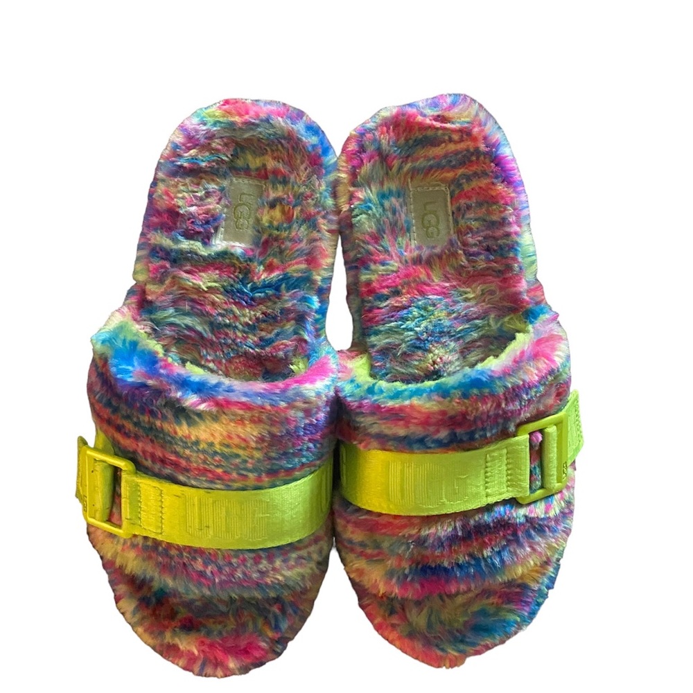 Women’s Rainbow Ugg Fluffita Pixelate Slippers (7) Sheepskin Slides Comfort